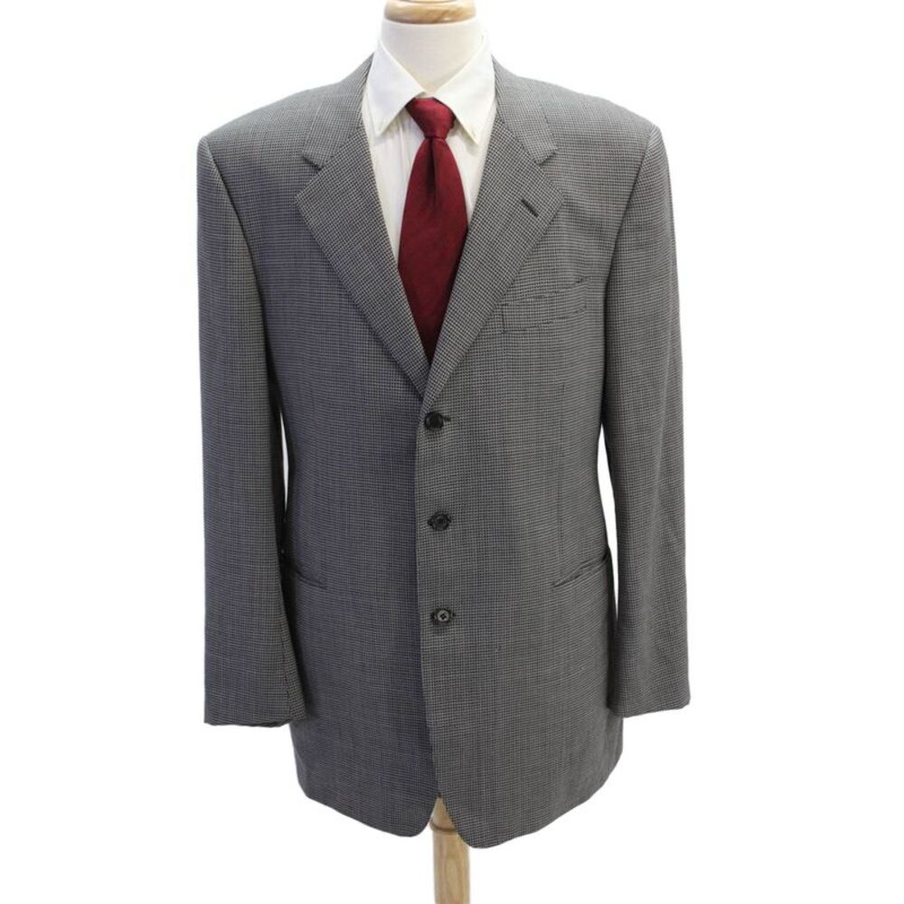 Zanella Mens Printed Three Button Blazer Jacket Black White Wool Size 46 Long